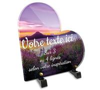 Plaque funéraire Coeur personnalisable en plexi motif Paysage fleurs ponton et lac, différentes tailles, épaisseur 6mm, personnalisée sur plusieurs lignes 20x20 cm