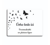 Plaque gravée funéraire motif Papillon autocollante modèle rectangle (20x15 cm) personnalisée 1 à 3 lignes Blanc écriture Noire