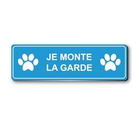 Plaque gravée personnalisée autocollante logo JE MONTE LA GARDE + logo pattes de chien - 13x4 cm Bleu Clair