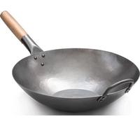 Plaque Hand Gehamerd Carbon Steel Pow Wok - 35,5 cm de fond plat - poignée auxiliaire en bois et acier