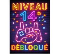 Plaque Métal Anniversaire Enfant Garçon Fille 14 Ans - “Niveau 14 Débloqué” - Déco Gamer Effet Néon Rétro - 20x30 cm...