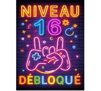 Plaque Métal Anniversaire Enfant Garçon Fille 16 Ans - “Niveau 16 Débloqué” - Déco Gamer Effet Néon Rétro - 20x30 cm...
