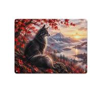 Plaque Métal Décorative, Black Wolf Sitting on Rock Overlooking Autumn | Pour un nouvel appartement, des plaques métal: une idée déco à offrir aux amateurs de déco.