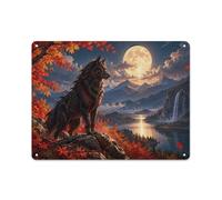 Plaque Métal Décorative, Black Wolf with Glowing Red Cracks on Mountai | Utilisez des panneaux muraux en métal dans la salle de jeux pour un mur plus individuel.