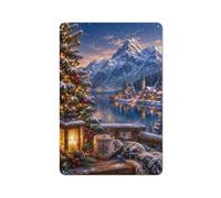 Plaque Métal Décorative, Cozy Christmas Mug with Snowy Mountain Villag | Des panneaux déco en métal font un cadeau de saison pour les fans d'univers garage.