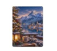 Plaque Métal Décorative, Cozy Christmas Mug with Snowy Mountain Villag | Des plaques décoratives en métal font un cadeau de Noël pour les amateurs de bar maison.