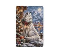 Plaque Métal Décorative, White Wolf with Christmas Wreath in Winter Vi | Pour une nouvelle maison, choisissez des plaques murales en métal pour les nouveaux propriétaires.