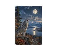 Plaque Métal Décorative, Wolf Howling at Full Moon Over Mountain Lake | Créez un mur plus vivant dans le garage avec des plaques métal pour enrichir l'ensemble.