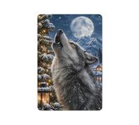 Plaque Métal Décorative, Wolf Howling at Full Moon with Christmas Tree | Associez des panneaux muraux en métal à la déco de garage et d'atelier pour donner du relief au mur.