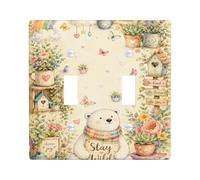 Plaque murale décorative en plastique pour double interrupteur, motif ours - Fleurs arc-en-ciel fantaisistes inspirées de la nature - Printemps pastel - Taille standard - Pour maison, salon, nouvel