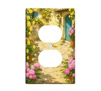 Plaque murale double en plastique rose pour jardin, fleurs jaunes rustiques, vert à ressort, taille standard, pour prises électriques pour chambre à coucher, salle de bain, cuisine, entrée
