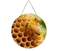 Plaque murale ronde en bois à suspendre en forme d'abeille jaune rustique vintage faite à la main pour intérieur, chambre à coucher, salon, ferme, salle de bain