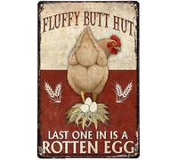 Plaque murale vintage en métal « Poulet et œuf » Décoration murale en métal « Fluffy Butt Hut » pour la maison la cuisine le bar ou le café Format rétro 20x30cm