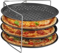 Plaques à pizza Relaxdays, lot de 4, avec support, revêtement antiadhésif, acier au carbone, plaque croustillante perforée, anthracite/argent