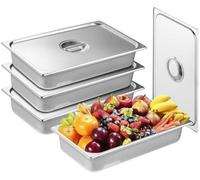 Plaques de cuisson pour hôtel, conteneurs Gastronorm GN 1/1 - Lot de 4 - Poêles à vapeur - Empilables, anti-encrassement - Acier inoxydable de 0,8 mm - Profondeur de 10 cm - Avec couvercles - Argenté