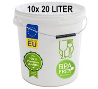 plasteo® 10x 20 litres Seau avec couvercle, qualité alimentaire, étanche à l'air Seau en plastique Seau vide Seau de transport (10x 20 litres)