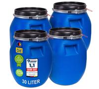 plasteo® 4 fûts à couvercle de 30 litres à col large Tonneau à fourrage Fût en plastique Fût de stockage Fût de camping Fût de transport Tonneau à moût Fût de pluie Etanche à l'air