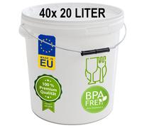 plasteo® 40x 20 litres Seau avec couvercle, qualité alimentaire, étanche à l'air Seau en plastique Seau vide Seau de transport (40x 20 litres)