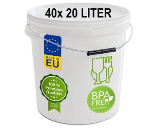 plasteo® 40x 20 litres Seau avec couvercle, qualité alimentaire, étanche à l'air Seau en plastique Seau vide Seau de transport (40x 20 litres)