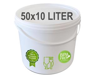 plasteo® 50x 10 litres Seau avec couvercle, qualité alimentaire, étanche à l'air Seau en plastique Seau vide Seau de transport Seau de nettoyage (50x 10 litres)