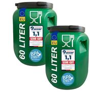 plasteo Fût à col large avec couvercle de qualité alimentaire - Fût universel stable en polyéthylène haute densité avec bouchon à vis, pour la nourriture, le stockage et le transport, vert (2 x 60 l