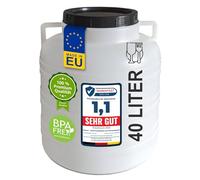 Plasteo® Tonneau à Col Large 40 Litres - Naturel - Usage Alimentaire Sans BPA - Avec Couvercle et Anses Ronds - Stockage Universel en Plastique