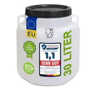 Plasteo® Tonneau à col large de 30 litres, naturel, carré, avec couvercle et poignées, adapté à un usage alimentaire et sans BPA, tonneau universel