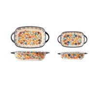 Plat à cocotte Lot de 2 moules à pâtisserie en céramique vintage rectangulaires double poignée, peints la main, motif floral, riz Plaques de four