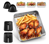 Plat à Four en Acier Inoxydable 21 cm pour Friteuse à Air - Avec Grille de Dégraissage, Couvercle Hermétique et Poignées Anti-Chaleur, Sans Bpa, Inodore et Robuste