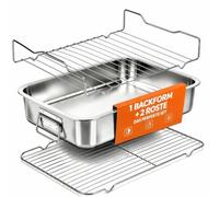 Plat à gratin en acier inoxydable avec 2 grilles, grand moule en acier inoxydable pour four, plaque de cuisson rectangulaire avec grille d'égouttement de graisse, moule à rôtir pour lasagnes, viande
