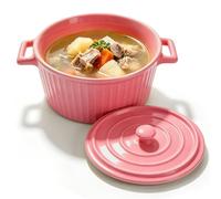 Plat à Gratin en Céramique avec Couvercle, 1,2L, Mini Cocotte avec Poignées, Grand Bol pour Lasagnes, Ramen, Pâtisserie, Moules Ronds pour Four, Micro-ondes, Rose Framboise