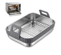 Plat à Rôtir en Acier Inoxydable Rectangulaire, Plat à Four avec Grille et Poignées en Silicone Amovibles, Air Fryer Accessoires pour Cuisson et Rôtissage, Facile à Nettoyer (20x15x5,58 cm)