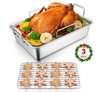 Plat à rôtir inox - Avec grille - 35,8 x 26,7 cm - Lot de 3 pièces - Grille en V et grille plate - Pour rôti, légumes et lasagnes