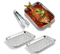 Plat de Cuisson Barbecue INOX avec Trous, Lot de 3, 34.5 x 24.5 x 2.5 cm, Paniers à Grillades Réutilisables pour Légumes, Viande et Poisson, Accessoires BBQ avec Pince