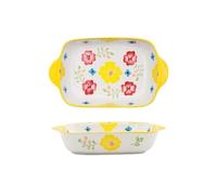 Plat de cuisson Plat de cuisson riz cuit au fromage, rectangulaire en céramique, fleurs peintes à la main, four micro-ondes domestique, bol spécial Casserole(Yellow)