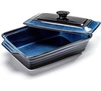 Plat en céramique de 3 litres avec couvercle, grand plat à rôtir au fini bleu brillant réactif, idéal pour les lasagnes.