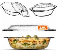 Plat en verre résistant à la chaleur d'une contenance de 2,9 litres, avec couvercle et poignées – plat ovale allant au four pour rôtir et cuire au four, idéal pour les lasagnes et les plats de viande,