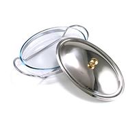 Plat ovale pour four et micro-ondes en verre avec couvercle et support en acier inoxydable