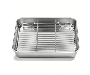 Plat Rectangulaire en Inox avec Grille, Ensemble Plat de Cuisson et Grille de Refroidissement, Rôtissoire pour Four, Lèche-Frite pour Poulet, Boeuf, Légumes(23.5 * 17.5 * 5CM)