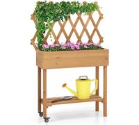 Plate-bande surélevée sur roulettes avec étagère & treillis & doublure tissu parterre de fleurs 90 x 29 x 129 cm