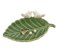 Plateau à bijoux en céramique avec oiseaux - Motif feuille verte - Pour bagues, boucles d'oreilles, bracelets, clés, pièces de monnaie - Organisateur décoratif pour table de chevet, salle de bain