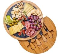 Plateau à fromage en bambou avec set de couteaux à fromage et plateau en ardoise - Plateau de service en bois pour le fromage et les hors-d'œuvre - Plateau à fromage en bois pivotant de 30 cm - Platea