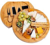 Plateau à fromage en bambou avec set de couteaux à fromage - Plateau à fromage rond en bois avec 4 couteaux - Set de plateaux à fromage en bambou - Plateau de service en bambou - Superbe cadeau pour N