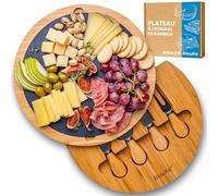 Plateau à Fromages en Bois avec Couteaux à Fromage et Ardoise Amovible - Plateau à Fromage en Bambou Tournant Rotatif Pivotant pour 2-3 Personnes - Excellente Idée Cadeau - BlauKe