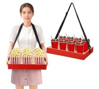 Plateau à goûter portable en bois avec sangle réglable, porte-boissons pour fêtes, plateau de service vintage rouge pour pop-corn et boissons
