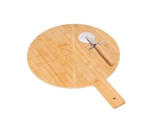 Plateau à Pizza en Bambou avec Coupe Pizza Bois Inox Découpe Précis Cheffinger Marron clair