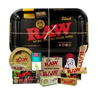 Plateau à rouler Raw Noir 27,5 x 17,5 cm + Cendrier RAW + Pot anti-odeur THE BOAT + Papier à rouler Raw Organique, Noir, Classic + Tips + Cône + Stickers - Cadeau pour les fumeurs