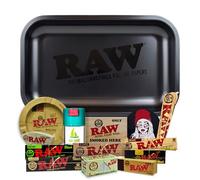 Plateau à rouler Raw Noir 27,5 x 17,5 cm + Cendrier RAW + Pot anti-odeur THE BOAT + Papier à rouler Raw Organique, Noir, Classic + Tips + Cône + Stickers - Cadeau pour les fumeurs