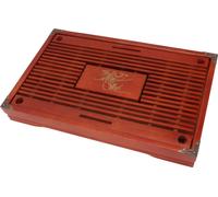Plateau à thé chinois kung-fu en bois avec écoulement, récupérateur d'eau et plateau de service, motif orchidée, rouge foncé