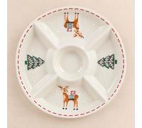 Plateau apéritif rond en grès motifs sapins et rennes 30.2x3.3x30.2cm Blanc
